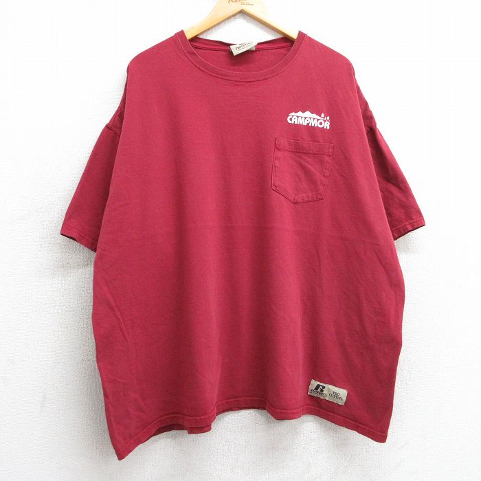 XL★古着 ラッセル 半袖 ビンテージ Tシャツ メンズ 00年代 00s キャンプモア 胸ポケット付き 大きいサイズ コットン クルーネック エンジ 【spe】 25may02 中古