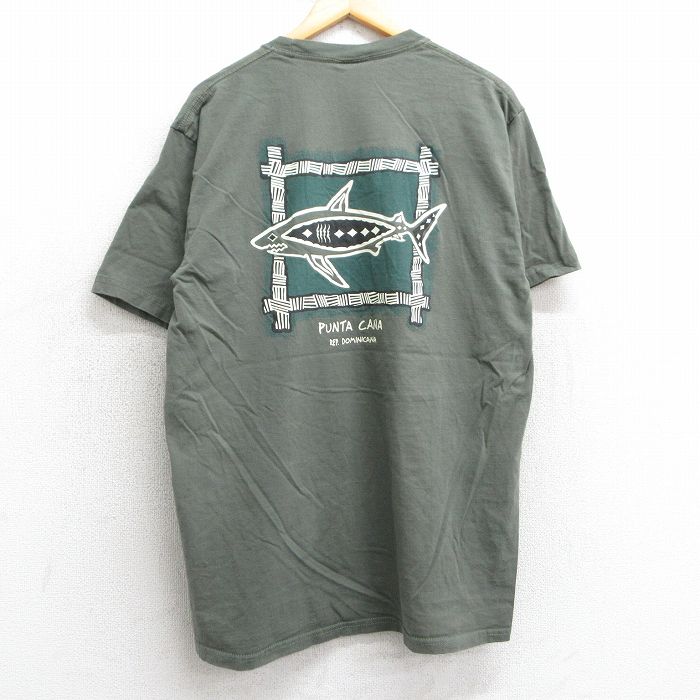 L★古着 半袖 ビンテージ Tシャツ メンズ 00年代 00s サメ プンタカナ クルーネック 濃緑 グリーン 25may02 中古