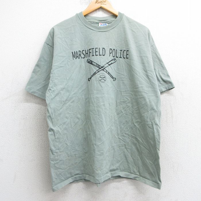 XL★古着 ヘインズ Hanes 半袖 ビンテージ Tシャツ メンズ 90年代 90s ベースボール 野球 ポリス 11 コットン クルーネック USA製 薄緑系 グリーン 25may02 中古