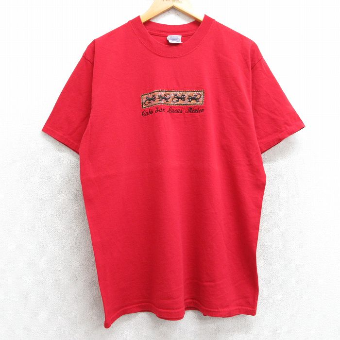L★古着 半袖 ビンテージ Tシャツ メンズ 00年代 00s トカゲ 刺繍 コットン クルーネック 赤 レッド 25may02 中古
