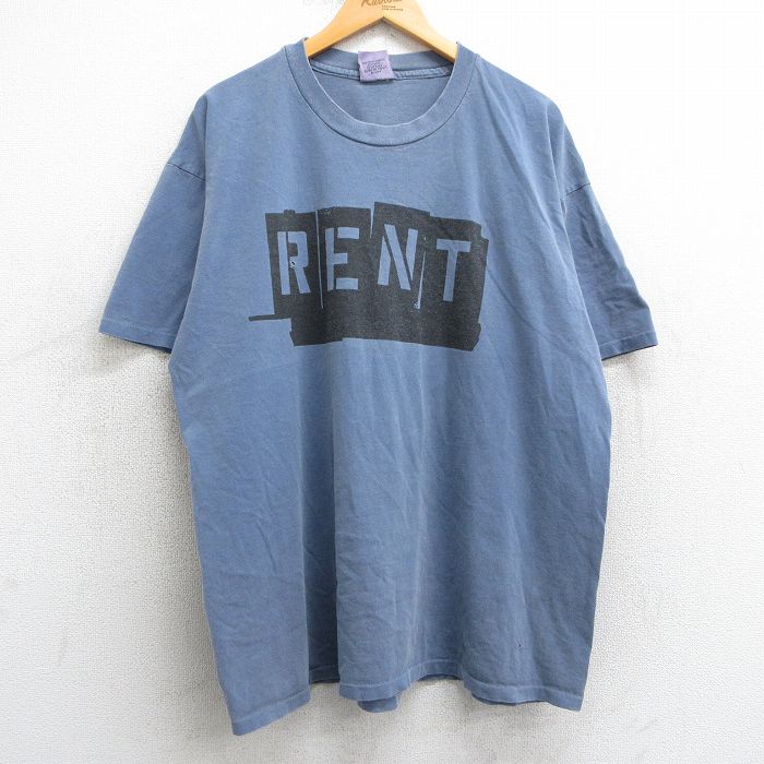 XL★古着 半袖 ビンテージ Tシャツ メンズ 90年代 90s RENT 大きいサイズ コットン クルーネック USA製 薄紺 ネイビー 25may02 中古