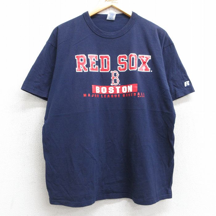 L★古着 ラッセル 半袖 ビンテージ Tシャツ メンズ 00年代 00s MLB ボストンレッドソックス コットン クルーネック 紺 ネイビー メジャーリーグ ベースボール 野球 25may02 中古