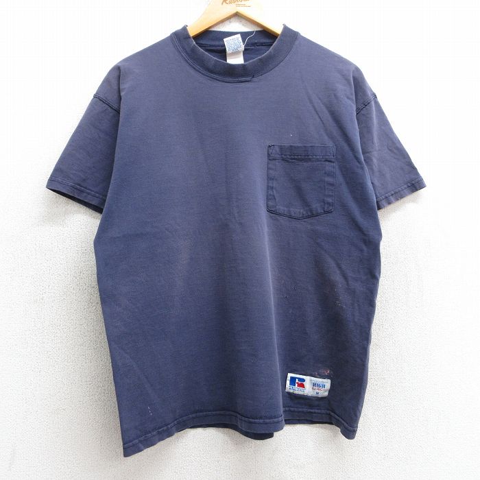 L★古着 ラッセル 半袖 ビンテージ Tシャツ メンズ 00年代 00s 無地 胸ポケット付き コットン クルーネック 紺 ネイビー 【spe】 25may02 中古