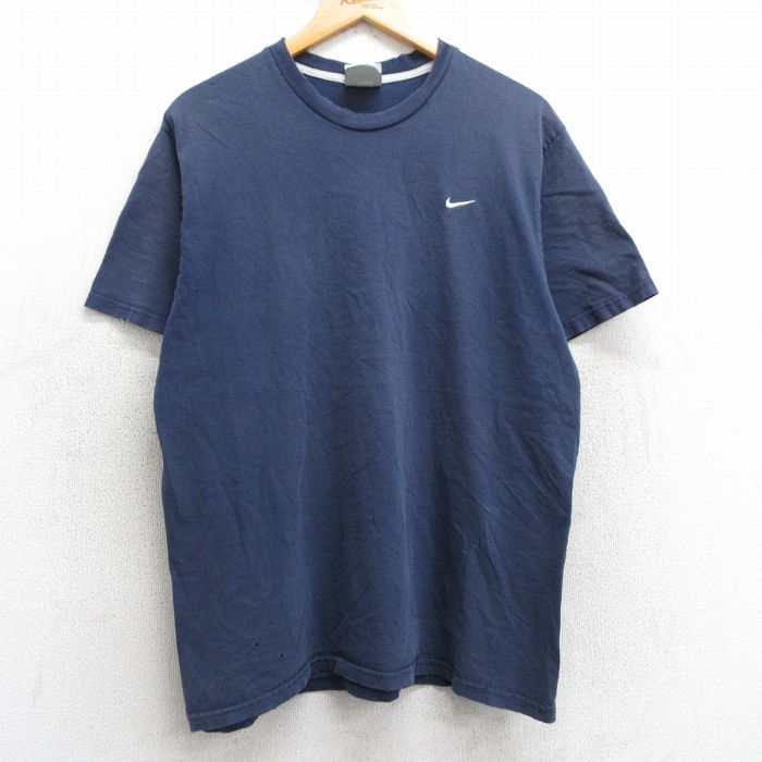 L★古着 ナイキ NIKE 半袖 ビンテージ Tシャツ メンズ 00年代 00s ワンポイントロゴ コットン クルーネック 紺 ネイビー 25may02 中古