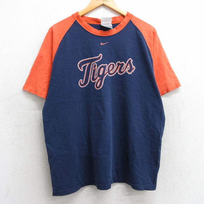 L★古着 ナイキ NIKE 半袖 ビンテージ Tシャツ メンズ 00年代 00s MLB デトロイトタイガース ラグラン ツートンカラー コットン クルーネック 紺他 ネイビー メジャーリーグ ベースボール 野球 25may02 中古