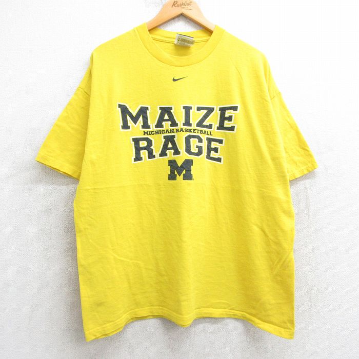 【50%OFF】XL★古着 ナイキ NIKE 半袖 ビンテージ Tシャツ メンズ 00年代 00s ミシガン バスケットボール MAIZE RAGE コットン クルーネック 黄 イエロー 25may02 中古