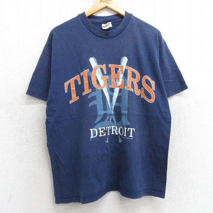 【50%OFF】L★古着 半袖 ビンテージ Tシャツ メンズ 90年代 90s MLB デトロイトタイガース コットン クルーネック USA製 紺 ネイビー メジャーリーグ ベースボール 野球 25may07 中古