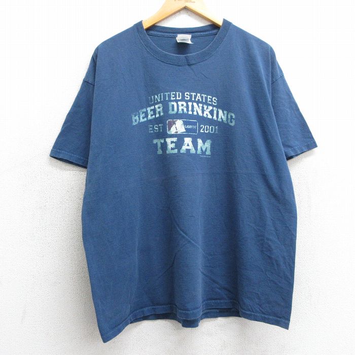 XL★古着 半袖 ビンテージ Tシャツ メンズ 00年代 00s BEER DRINKING コットン クルーネック 紺 ネイビー 25may07 中古
