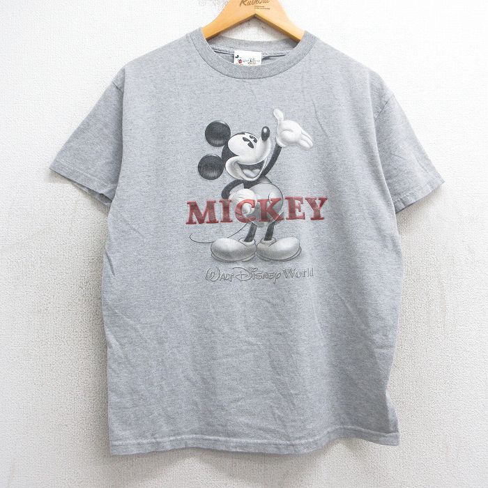 M★古着 半袖 ビンテージ Tシャツ メンズ 00年代 00s ディズニー DISNEY ミッキー MICKEY MOUSE クルーネック グレー 霜降り 25may07 中古
