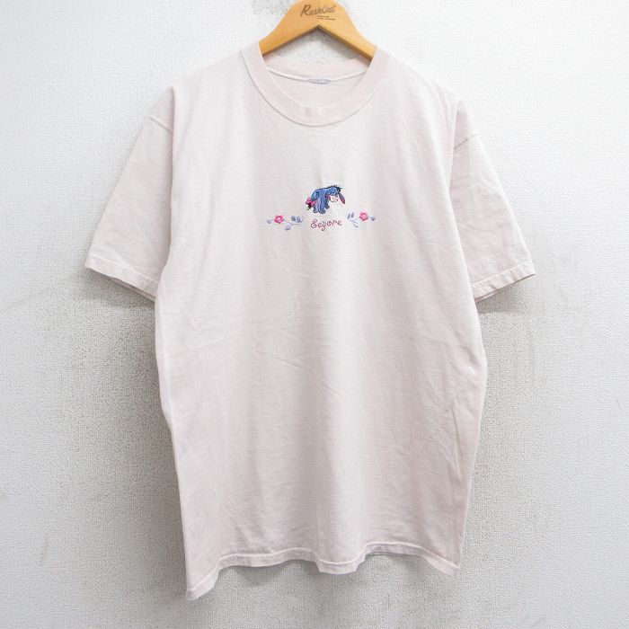 L★古着 半袖 ビンテージ Tシャツ メンズ 00年代 00s ディズニー DISNEY くまのプーさん イーヨー 刺繍 クルーネック 薄ピンク 25may07 中古