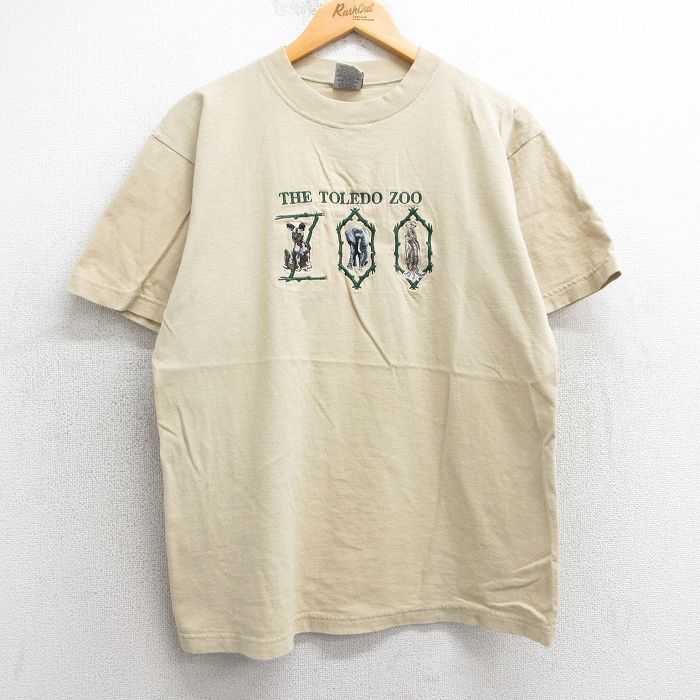 M★古着 半袖 ビンテージ Tシャツ メンズ 90年代 90s ゾウ ミーアキャット 刺繍 コットン クルーネック ベージュ カーキ 25may07 中古