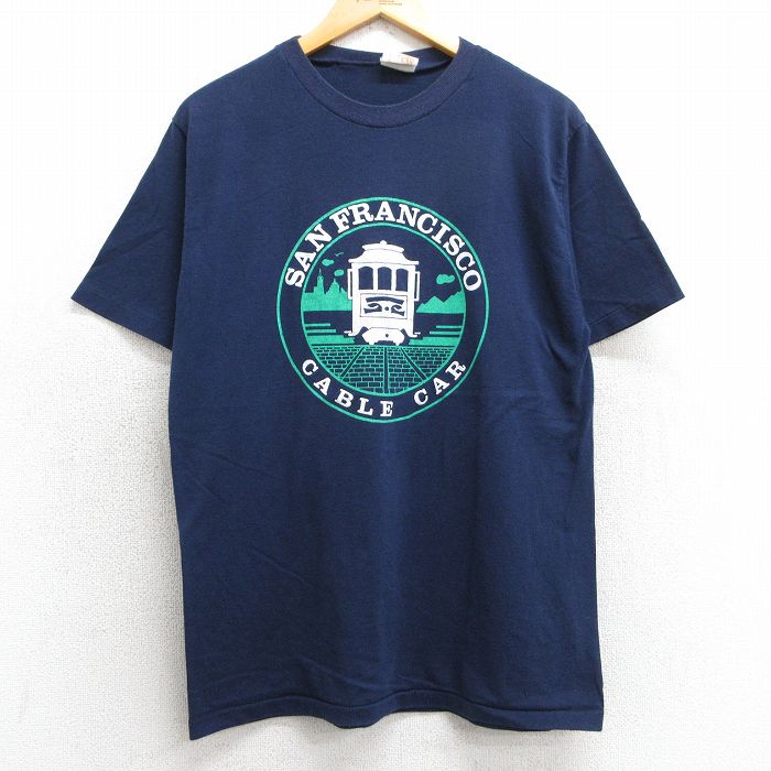 M★古着 半袖 ビンテージ Tシャツ メンズ 80年代 80s サンフランシスコ ケーブルカー コットン クルーネック USA製 紺 ネイビー 25may07 中古