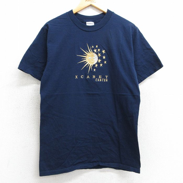 M★古着 半袖 ビンテージ Tシャツ メンズ 00年代 00s 太陽 XCARET 刺繍 コットン クルーネック 紺 ネイビー 25may07 中古