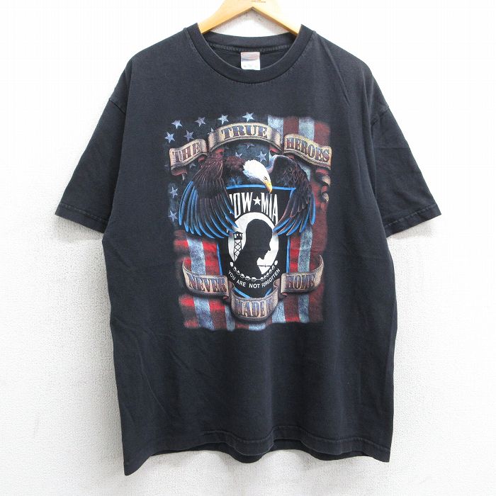 XL★古着 半袖 ビンテージ Tシャツ メンズ 90年代 90s ミリタリー 鳥 POW MIA コットン クルーネック USA製 黒 ブラック 25may07 中古