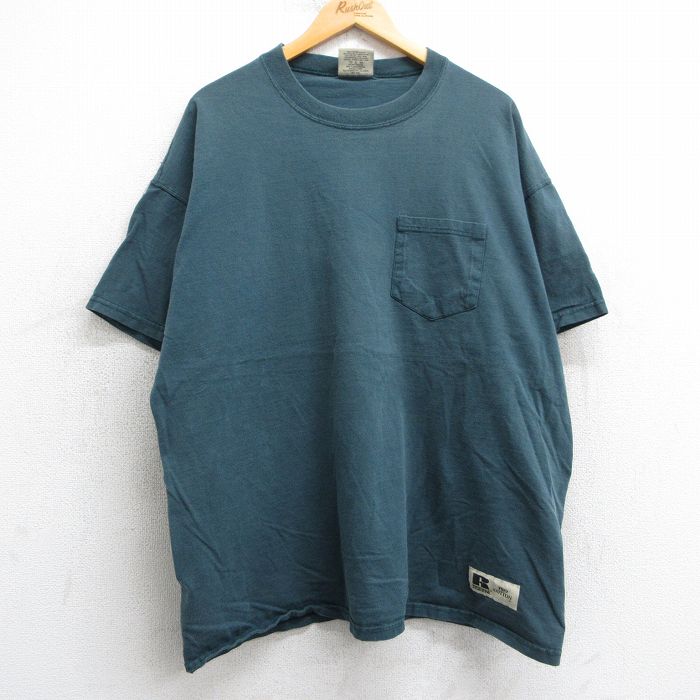 XL★古着 ラッセル 半袖 ビンテージ Tシャツ メンズ 00年代 00s 無地 胸ポケット付き 大きいサイズ コットン クルーネック 緑系 グリーン 25may07 中古