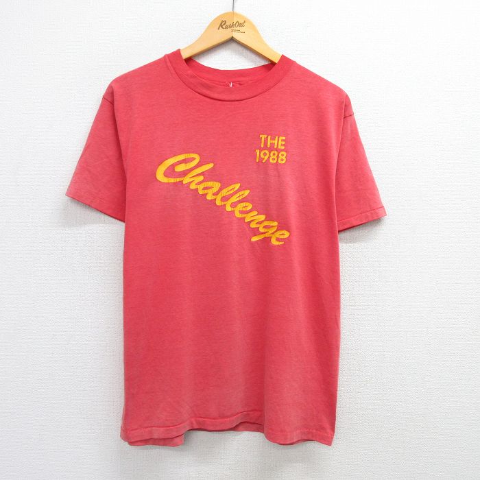 L★古着 半袖 ビンテージ Tシャツ メンズ 80年代 80s チャレンジ LOTFY 7 フロッキープリント クルーネック 赤 レッド 25may07 中古