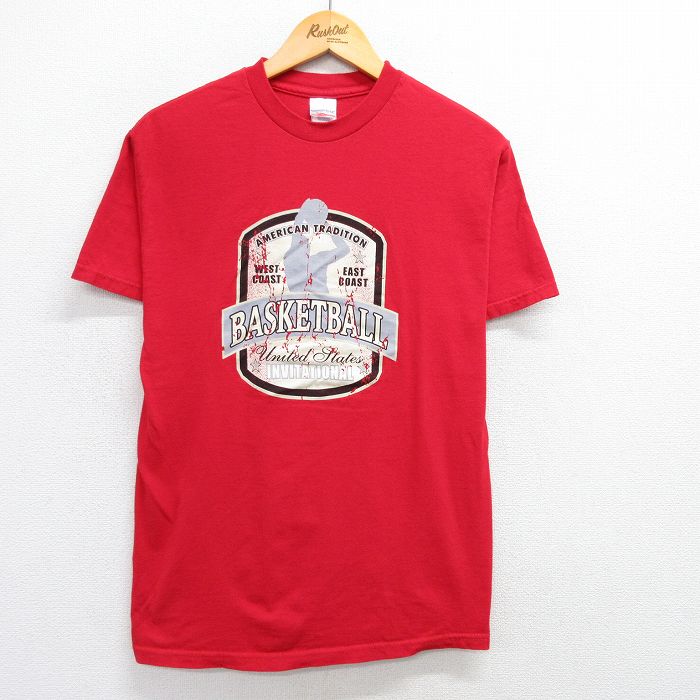 【50%OFF】M★古着 半袖 ビンテージ Tシャツ メンズ 00年代 00s バスケットボール コットン クルーネック 赤 レッド 25may07 中古