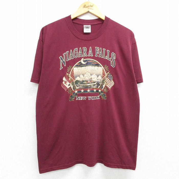 L★古着 半袖 ビンテージ Tシャツ メンズ 00年代 00s ナイアガラの滝 ニューヨーク 星条旗 クルーネック エンジ 25may07 中古