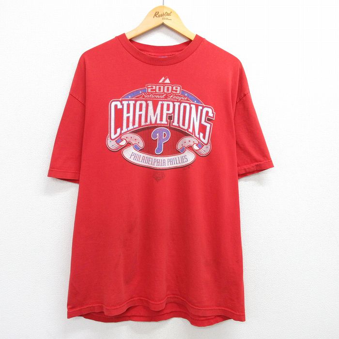 XL★古着 マジェスティック 半袖 ビンテージ Tシャツ メンズ 00年代 00s MLB フィラデルフィアフィリーズ ジョーブラントン ジェイミーモイヤー 大きいサイズ コットン クルーネック 赤 レッド メジャーリーグ ベースボール 野球 25may07 中古