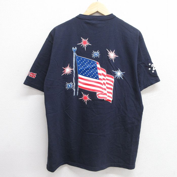 【50%OFF】L★古着 半袖 ビンテージ Tシャツ メンズ 90年代 90s 星条旗 CAPPYS コットン ヘンリーネック 紺 ネイビー 25may07 中古