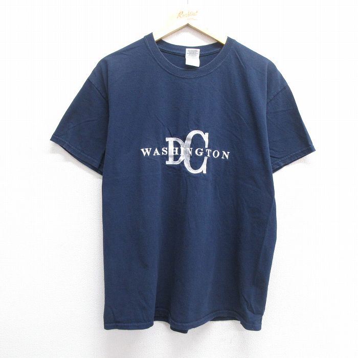 【50%OFF】L★古着 半袖 ビンテージ Tシャツ メンズ 00年代 00s ワシントンDC 刺繍 コットン クルーネック 紺 ネイビー 25may07 中古