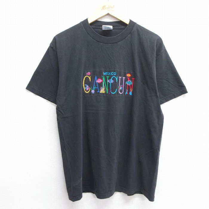L★古着 半袖 ビンテージ Tシャツ メンズ 00年代 00s カンクン 魚 刺繍 コットン クルーネック 黒 ブラック 25may07 中古