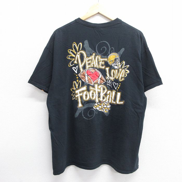 XL★古着 半袖 ビンテージ Tシャツ メンズ 00年代 00s フットボール ハート 大きいサイズ コットン クルーネック 黒 ブラック 25may07 中古