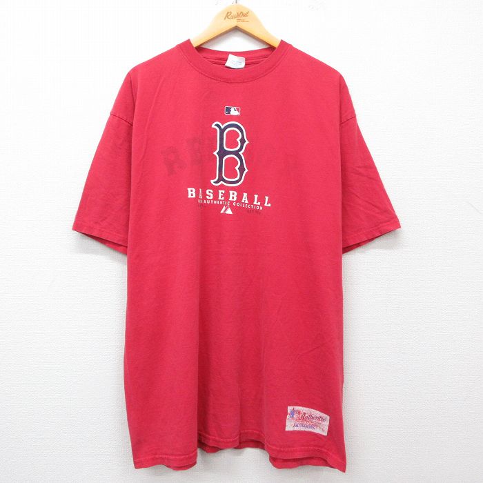 XL★古着 マジェスティック 半袖 ビンテージ Tシャツ メンズ 00年代 00s MLB ボストンレッドソックス 大きいサイズ ロング丈 コットン クルーネック 赤 レッド メジャーリーグ ベースボール 野球 25may07 中古