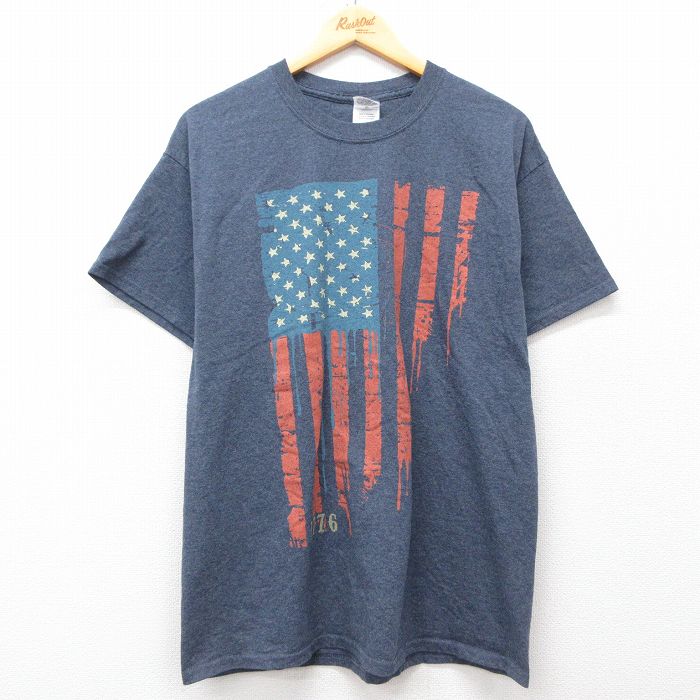 【20%OFF】L★古着 半袖 ビンテージ Tシャツ メンズ 00年代 00s 星条旗 コットン クルーネック 紺 ネイビー 霜降り 25may07 中古