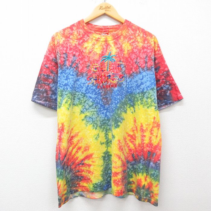 XL★古着 半袖 ビンテージ Tシャツ メンズ 00年代 00s GULF SHORES 刺繍 大きいサイズ コットン クルーネック 赤他 レッド タイダイ 25may07 中古