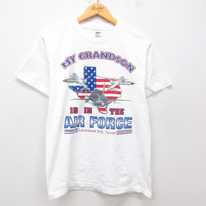 M★古着 フルーツオブザルーム 半袖 ビンテージ Tシャツ メンズ 00年代 00s 戦闘機 エアフォース コットン クルーネック 白 ホワイト 25may07 中古