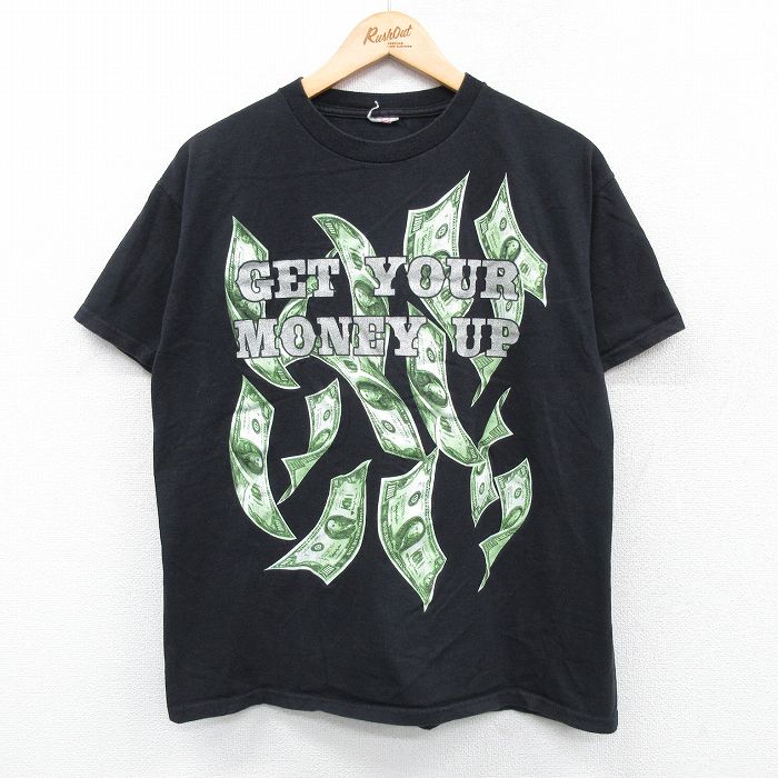 L★古着 半袖 ビンテージ Tシャツ メンズ 00年代 00s ドル札 ラメ クルーネック 黒 ブラック 25may07 中古