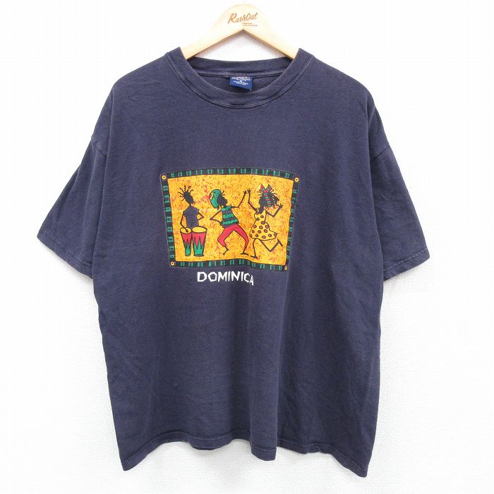 XL★古着 半袖 ビンテージ Tシャツ メンズ 00年代 00s ドミニカ ラスタ 大きいサイズ コットン クルーネック 濃紺 ネイビー 25may07 中古