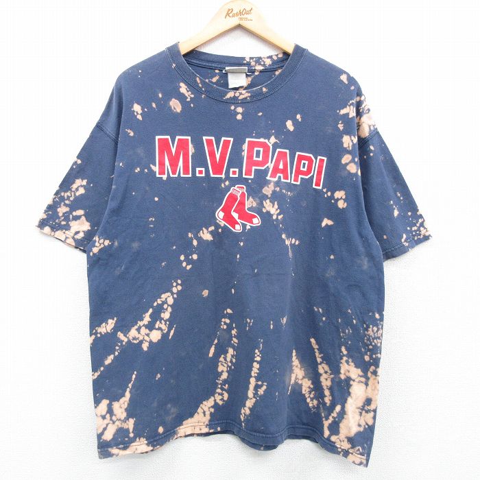 XL★古着 リー Lee 半袖 ビンテージ Tシャツ メンズ 00年代 00s MLB ボストンレッドソックス デビッドオルティーズ 34 大きいサイズ クルーネック 紺他 ネイビー ブリーチ加工 メジャーリーグ ベースボール 野球 25may07 中古