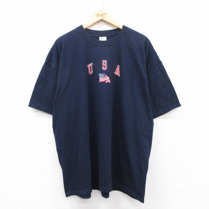 XL★古着 半袖 ビンテージ Tシャツ メンズ 00年代 00s USAロゴ 刺繍 大きいサイズ コットン クルーネック 紺 ネイビー 25may08 中古