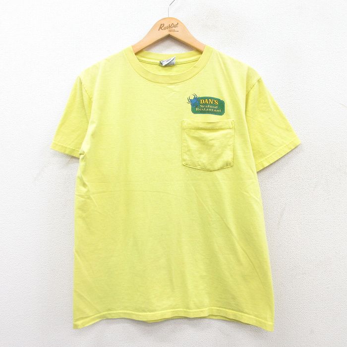 L★古着 半袖 ビンテージ Tシャツ メンズ 90年代 90s カニ 胸ポケット付き コットン 黄 イエロー 25may08 中古