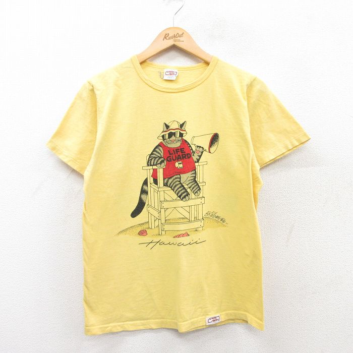 M★古着 Crazy Shirts 半袖 ビンテージ Tシャツ メンズ 90年代 90s クリバンキャット コットン クルーネック USA製 黄 イエロー 25may08 中古