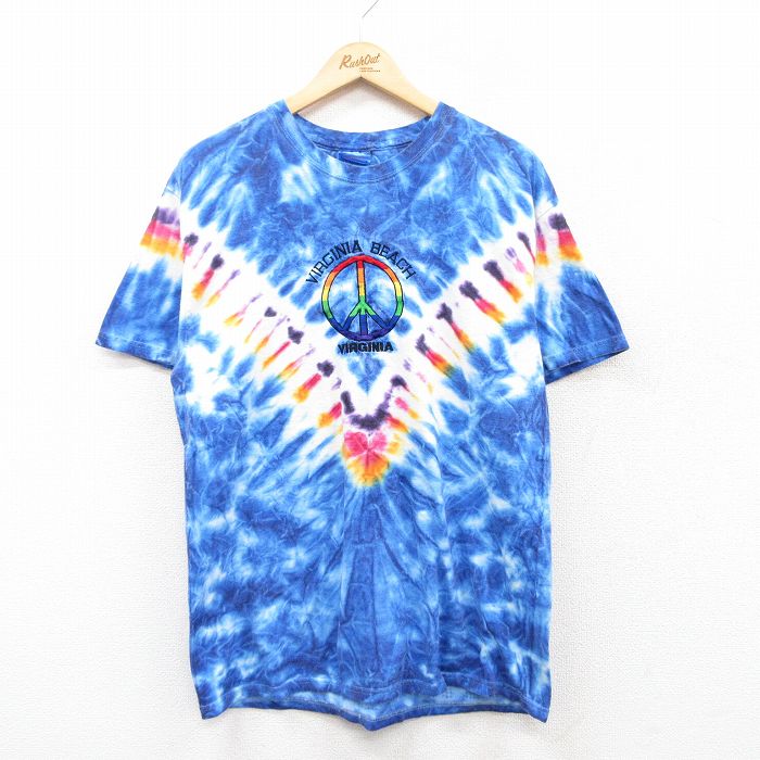 L★古着 ヘインズ Hanes 半袖 ビンテージ Tシャツ メンズ 00年代 00s ピースマーク 刺繍 コットン クルーネック 青他 ブルー 25may08 中古