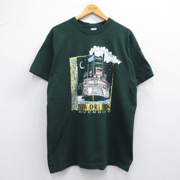 XL★古着 フルーツオブザルーム 半袖 ビンテージ Tシャツ メンズ 90年代 90s 船 ニューオーリンズ コットン クルーネック USA製 濃緑 グリーン 25may08 中古