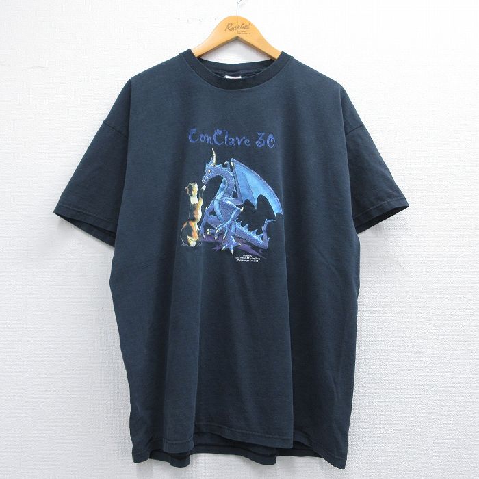 XL★古着 フルーツオブザルーム 半袖 ビンテージ Tシャツ メンズ 00年代 00s ドラゴン ネコ 大きいサイズ コットン クルーネック 黒 ブラック 25may08 中古