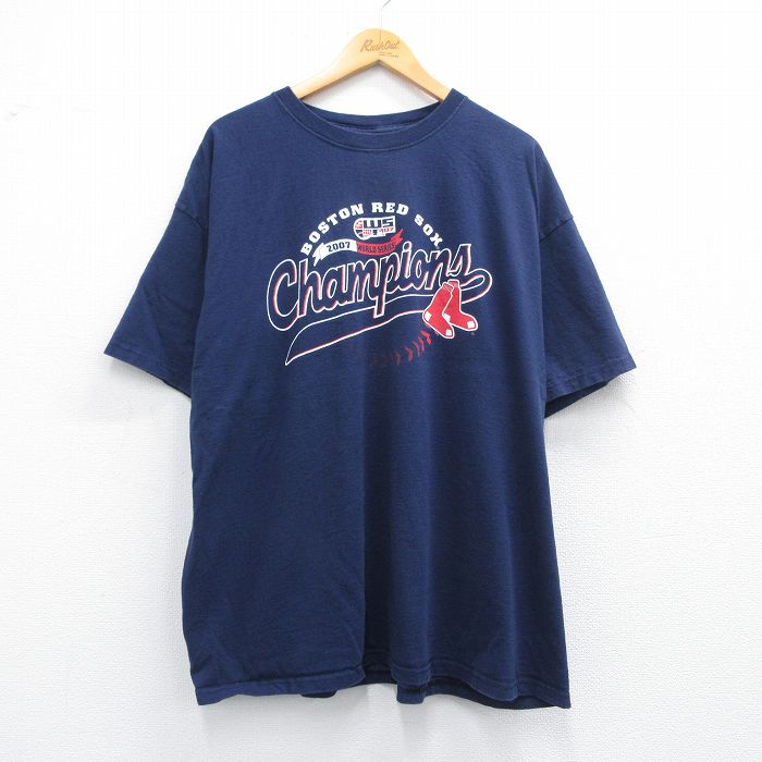XL★古着 半袖 ビンテージ Tシャツ メンズ 00年代 00s MLB ボストンレッドソックス 大きいサイズ コットン クルーネック 紺 ネイビー メジャーリーグ ベースボール 野球 25may08 中古