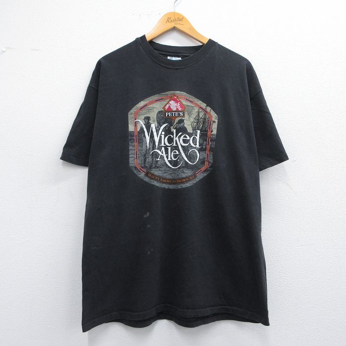 XL★古着 ヘインズ Hanes 半袖 ビンテージ Tシャツ メンズ 90年代 90s Wicked Ale ビール コットン クルーネック 黒 ブラック 【spe】 25may08 中古