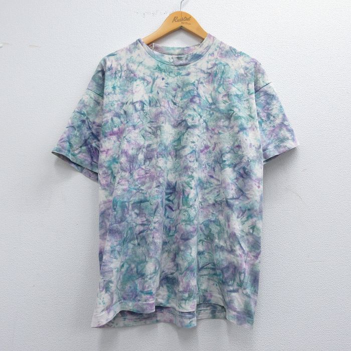 XL★古着 フルーツオブザルーム 半袖 ビンテージ Tシャツ メンズ 90年代 90s 無地 コットン クルーネック 紫他 パープル タイダイ 25may08 中古