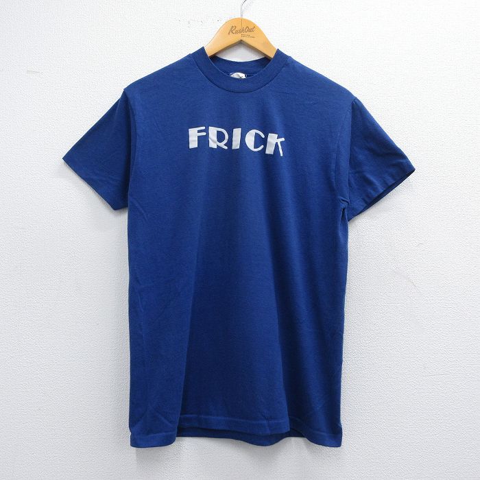 M★古着 半袖 ビンテージ Tシャツ メンズ 80年代 80s FRICK フロッキープリント クルーネック USA製 青 ブルー 25may08 中古