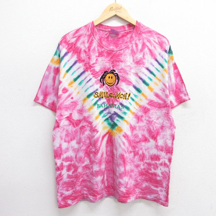 L★古着 ヘインズ Hanes 半袖 ビンテージ Tシャツ メンズ 00年代 00s スマイル バハマ 刺繍 コットン クルーネック 赤系他 レッド タイダイ 25may09 中古