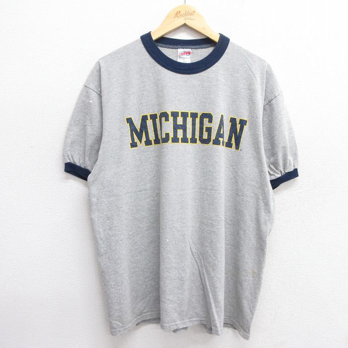 XL★古着 半袖 ビンテージ Tシャツ メンズ 00年代 00s ミシガン クルーネック グレー 霜降り リンガー 25may09 中古