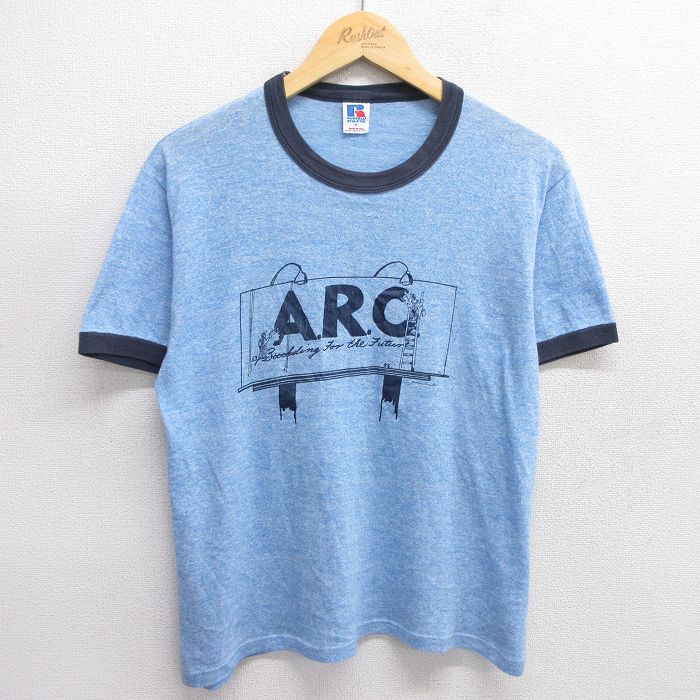 M★古着 ラッセル 半袖 ビンテージ Tシャツ メンズ 80年代 80s ARC クルーネック USA製 青 ブルー 霜降り リンガー 【spe】 25may09 中古