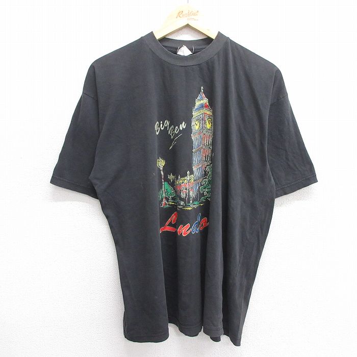 XL★古着 半袖 ビンテージ Tシャツ メンズ 00年代 00s ロンドン ビッグベン BIG BEN コットン クルーネック 黒 ブラック 25may09 中古