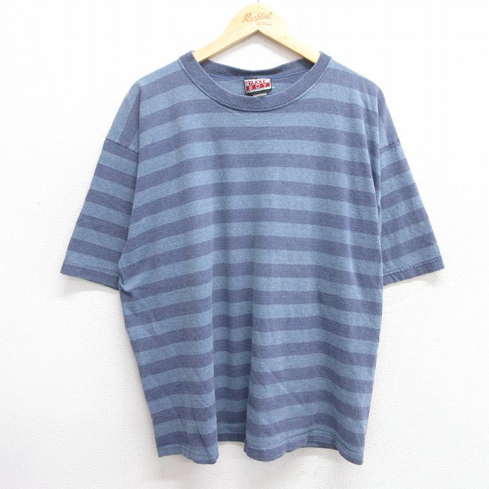 XL★古着 ビューグルボーイ 半袖 ビンテージ Tシャツ メンズ 90年代 90s ワンポイントロゴ コットン クルーネック USA製 紺他 ネイビー 霜降り ボーダー 25may09 中古