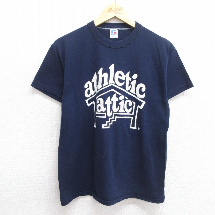 M★古着 ラッセル 半袖 ビンテージ Tシャツ メンズ 80年代 80s 家 athletic attic クルーネック USA製 紺 ネイビー 25may09 中古